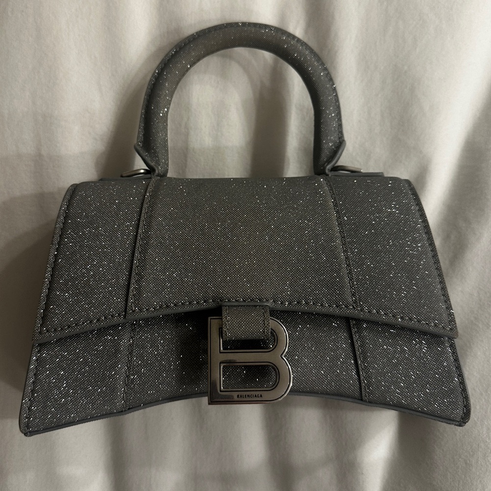BALENCIAGA Silver Glitter Hourglass Bag XS